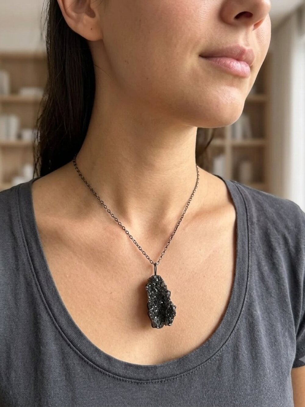 Natural Black Stone Pendant Necklace
